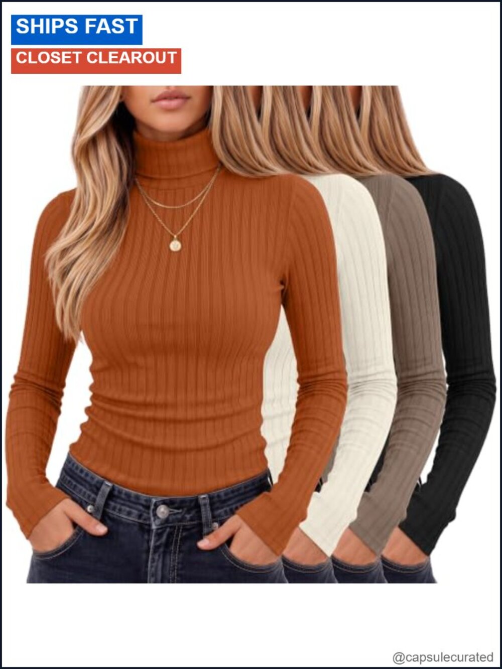 Women's Turtleneck Long Sleeve Tops 4 Pack Ribbed Knit Cotton Spandex Slim Fit